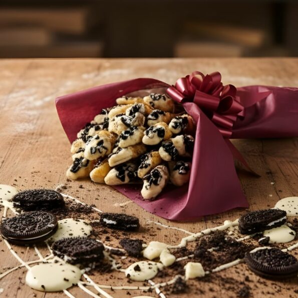 Ramo de croissants bañados en chocolate blanco con trozos de galleta Oreo